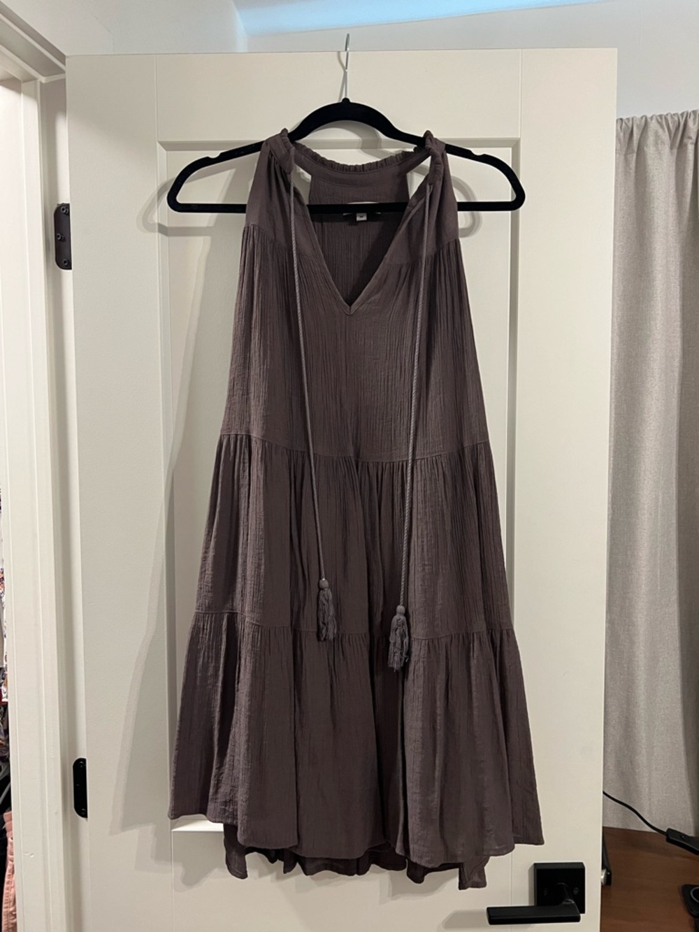 Sleeveless Tiered Midi Dress in Taupe with Tassel Ties